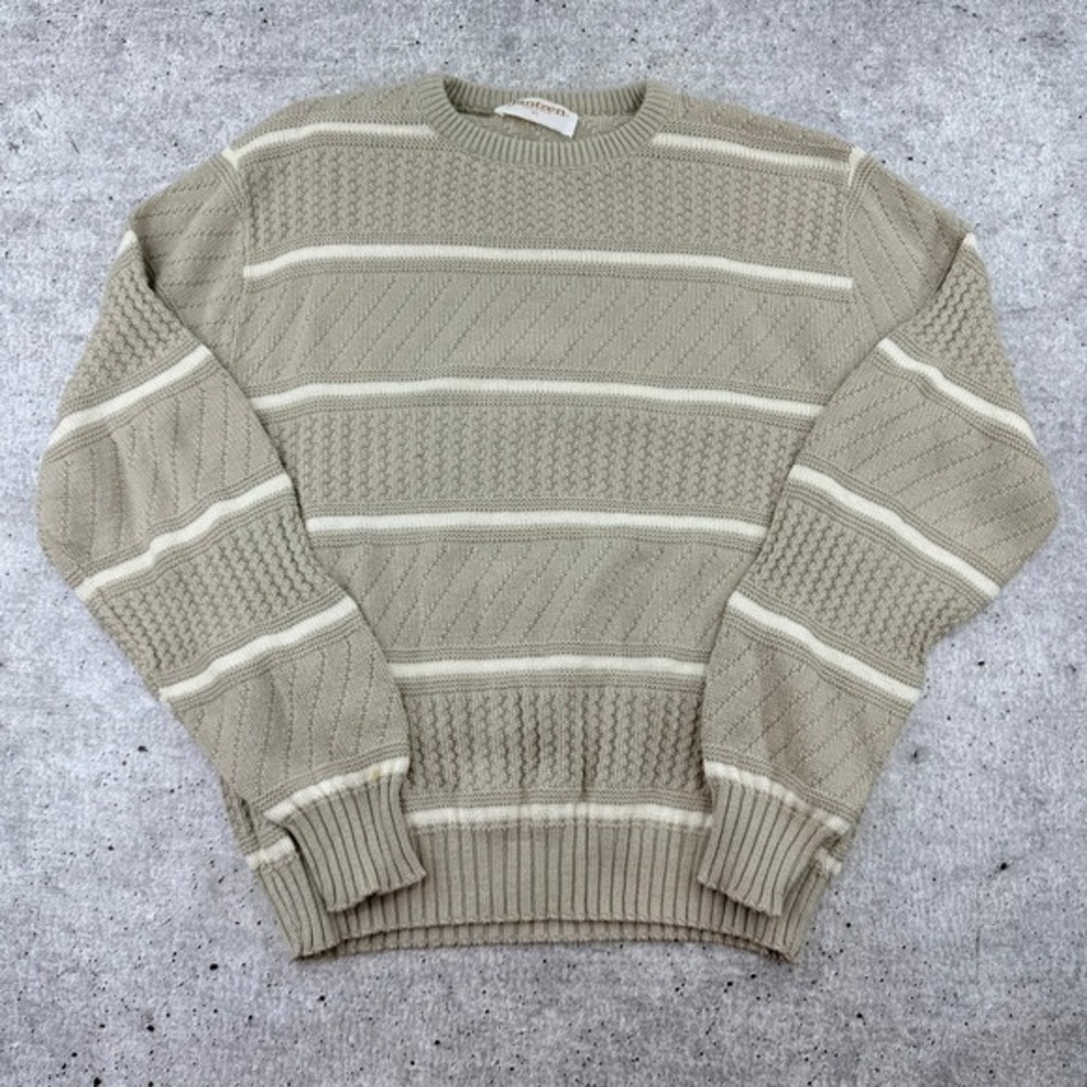 Vintage Made in USA Jantzen Knit Crewneck Striped Sweater Beige White Youth‎ XL?